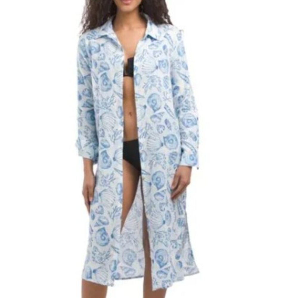 NWT Martha Stewart Collection Linen Blend Maxi Beach Cover up Shirt